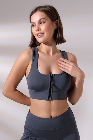 EMFURE Füme Fermuarlı Spor Büstiyer - Sports Bra / Crop Destekli Spor Sütyeni Füme