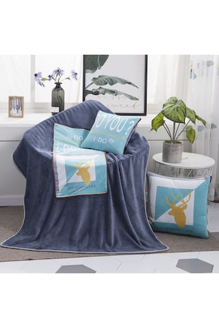 Sones Geyik Desenli Çok Amaçlı Peluş Battaniye Kare Yastık Yorgan Ofis Araba Yastığı Minder, Boyut: L