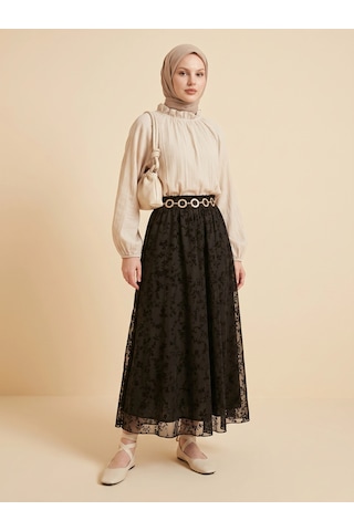 Nevayla Moda Flok Tül Çiçek Desenli Etek - Siyah / A0107
