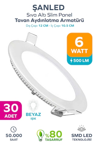 6w Tasarruflu Led Yuvarlak Beyaz Işık Sıva Altı Slim Panel Tavan Aydınlatma Armatürü 30 Adet