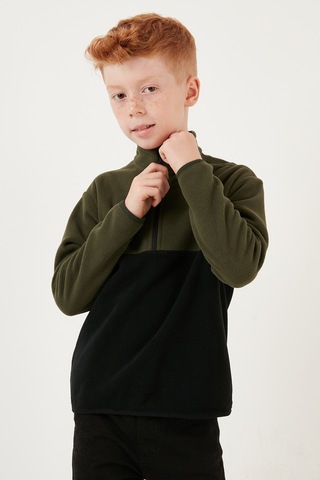 Lela Yumuşak Dokulu Yarım Fermuarlı Renk Bloklu Dik Yaka Unisex Çocuk Polar 5905004 Haki-Siyah