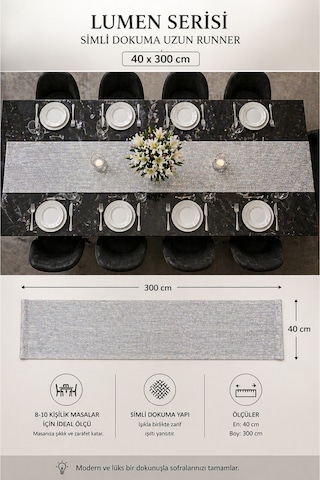 Lumen Serisi Silver 40x300 Cm Simli Dokuma Uzun Runner Modern Lüks Masa Örtüsü 8-10 Kişilik Gümüş