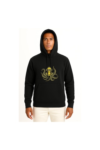 Bahriyeli Collection Kapüşonlu Steampunk Octopus Dalgıç Başlığı Göğüs Ve Sırt Baskılı Unisex Sweatshirt Siyah