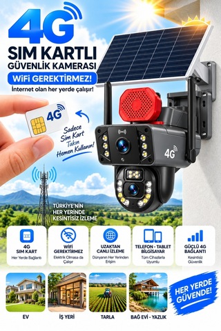 Pro 10mp 4g Solar Güvenlik Kamerası Sim Kartlı Ptz Renkli Gece Görüş Ip66 1 Yıl 60gb İnternet Hediye