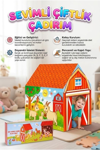 Sevimli Hayvan Çiftliği Temalı 100x70cm Çadırı Kolay Kurulum Dayanıklı Çocuk Oyun Çadırı Çok Renkli