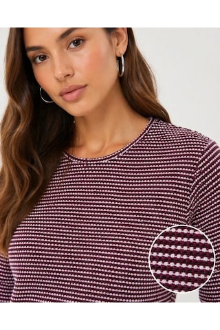 Defymoda Dokulu Çizgili Uzun Kollu Tişört Oval Kesim Basic Rahat Kalıp Bluz - Bordo