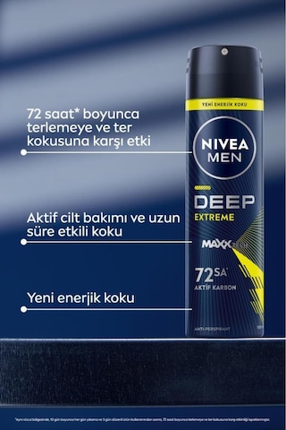 Men Erkek Sprey Deodorant Deep Extreme 150ml, 72 Saat Anti-perspirant Ter Koruması, Enerjik Koku