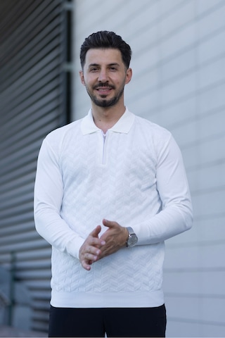 Hk Premium Erkek Triko Kazak Zikzak Desenli Polo Yaka Fermuarlı Slim Fit Beyaz