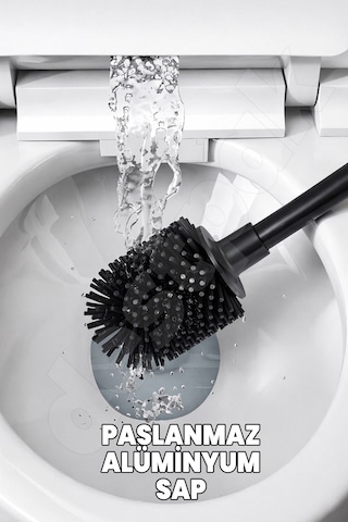 Silikon Klozet Ve Wc Fırçası - Paslanmaz Alüminyum Sap - Vidasız Duvar Askılı Güçlü Yapışkan Siyah