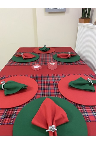 Kırmızı Masa Örtüsü Yılbaşı Ekose Runner Supla Peçete 12 Kişilik Set