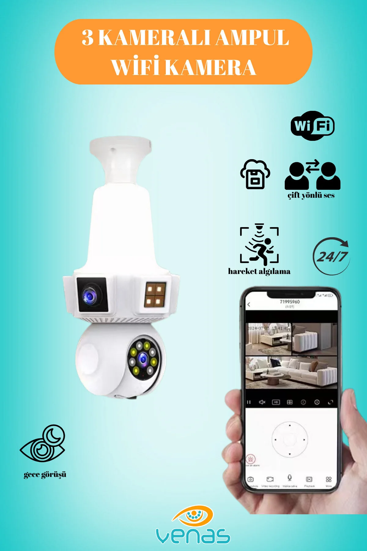 3 Kameralı Duy İle Çalışan 360 Dönebilir Geniş Açı Hareketi Bildiren Ampul Kamera