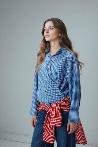 Defacto Regular Fıt Kareli Poplin Uzun Kollu Tunik G9648ax26spbe52 Mavi-be52