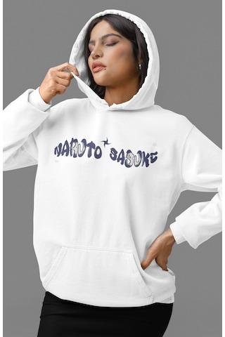 Sevbano Naruto Sasuke Uchiha Anime Sırt Baskılı Unisex Oversize Penye Hoo beyaz