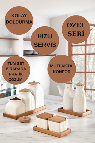 10 Parça Standlı Yağlık Baharatlık Tuzluk Takımı Çay Kahve Şeker Kavanozu Seti Yağdanlık Tuzluk Biberlik Beyaz