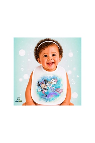 Deniz Kızı Minnie Mouse Keten Bebek Mama Önlüğü Yumuşak - Emici - Yıkanabilir - Özel Tasarım P044 Çok Renkli