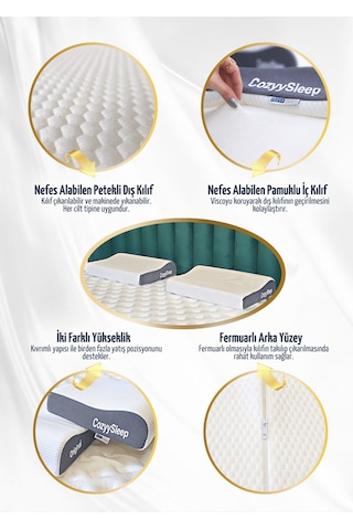 Visco Ortopedik Yastık Destekli Çift Yükseklik Yastık Taşıma Çantalı Beyaz Mavi