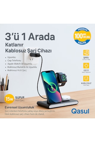 3 Ü 1 Arada Katlanabilir Kablosuz Şarj Cihazı - Telefon, Kulaklık