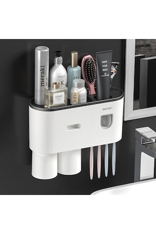 Siyah Mengnı Duvara Monte Manyetik Diş Fırçası Tutucu Su Geçirmez Diş Macunu Sıkacağı Tuvalet Otomatik Dağıtıcı Banyo Aksesuarları 2 Bardak Siyah