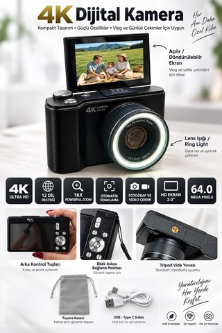 Mimtec Blm-106 Katlanabilir Ekranlı Kamera - 4k Ultra Hd 2 Mp Fotoğraf Video Çekme 12 Dil Destekli Vlog Kamerası