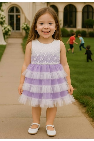 Kız Çocuk Güpür Tül Detaylı Pembe Mor Kat Kat Prenses Elbise Mor