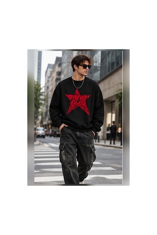 Velora Grup Unisex Yıldız Desenli Oversize Bisiklet Yaka Triko Şık Kazak Siyah - 938183299 Siyah
