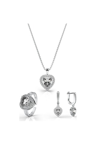 925 Ayar Zirkon Taşlı Rodyum Pırlanta Işıltılı Kalp 3'lü Gümüş Set-takım Ayarlanabilir Rs10051 Gümüş