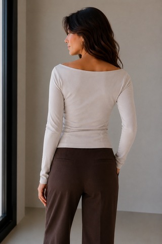 Sortie Collection Kayık Yaka Uzun Kollu Fit Bluz Taş