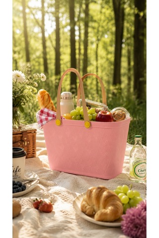 Deri Görünümlü Çok Amaçlı Kulplu Plastik Organizer Sepet El Çantası Plaj Çantası, Piknik Sepeti, Dekoratif Sepet Pembe