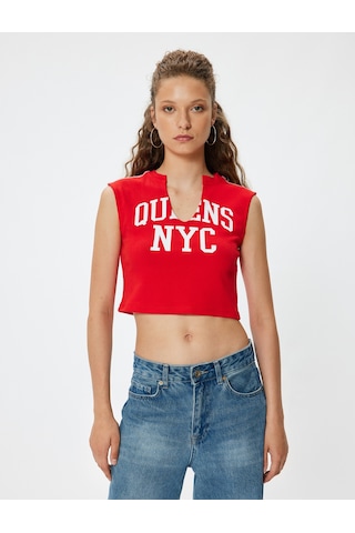 Koton Crop Üst V Yaka Slogan Baskılı Kolsuz Slim Fit Kırmızı 4sal30325ık Kırmızı