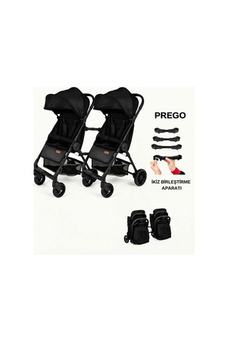 Prego İkiz Apartlı Birleşip Ayrılan Yan Yana İkiz Kabin Boy Bebek Arabası Siyah1