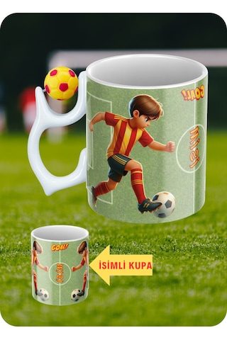 Sarı Kırmızı Futbol Toplu Sarı Kırmızı Forma Oyunculu Taraftar İsimli Baskılı Kupa Bardak Beyaz