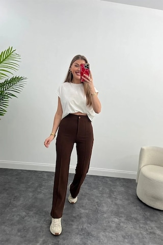 Winmoda34 Yüksek Bel Çimalı Palazzo Kumaş Pantolon Nevrulu kahve
