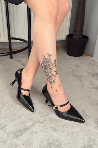 Preshley Kadın Sarah Siyah Rugan 7cm Ince Topuk Önden Tokalı Ayakkabı Stiletto Siyah