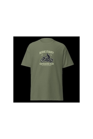 Wildstyle Ride Fast Caferacer Club Motosiklet Vintage Cafe Baskılı Unisex Bisiklet Yaka Pamuklu Tişört - Haki