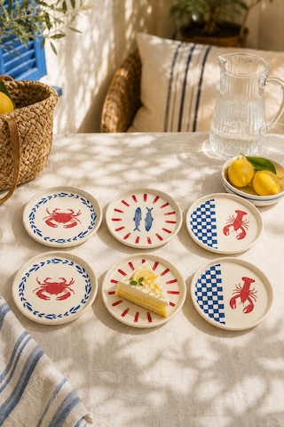 Coastal 6 Lı Seramik Pasta Ve Servis Tabağı Seti 20 Cm Deniz Desenli Akdeniz Sofra Takımı Beyaz