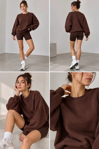 Bbbutikbasic Kadın Şardonlu 3 İplik Kısa Reglan Kol Sweatshirt My3535 Kahverengi