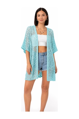 Trend Alisse Kadın Dantel Görünümlü File Kimono Pareo Hırka Turkuaz