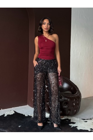 Verymoda Pullu Tül Pantolon F1611 Siyah