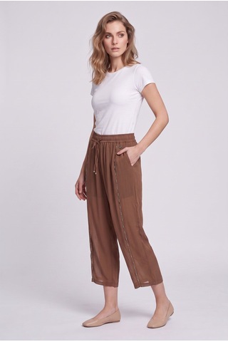 Bsb Kadın İpli Beli Boncuk İşlemeli Şifon Kumaş Rahat Kesim Crop Pantolon Mocha
