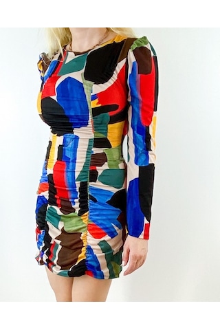 Modaonna Kadın Geometrik Desen Renkli Tasarım Elbise