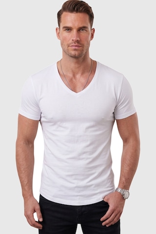 Deepsea Beyaz Erkek Slim Fit Derin V Yaka Basic Tişört %90 Pamuk Likralı Asimetrik Kesim 2602265