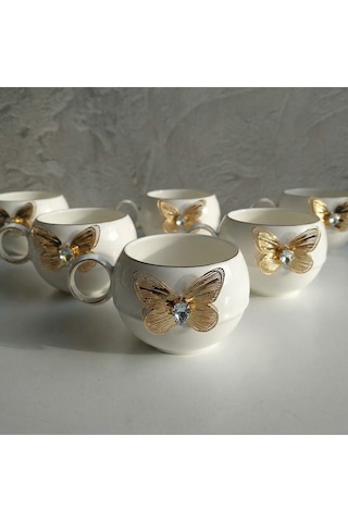 Alfafe Home Kelebek Detaylı 6 Lı Türk Kahvesi Fincan Takımı Gold Porselen Set Şık Çeyiz & Misafir Sunumluk Altın