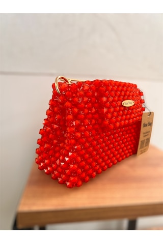 Rose Kırmızı Boncuk Çanta Kadın El Çantası En 19 Cm Boy 13 Cm Kırmızı