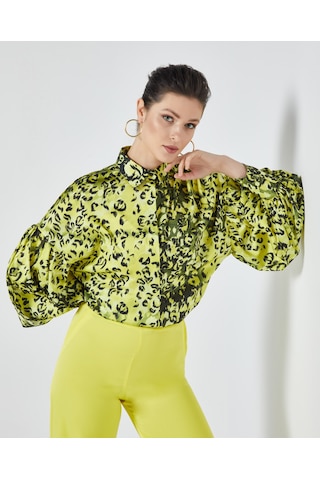 Kadın Leopar Desenli Gömlek - Balon Kol - Saten - Modern Ve Şık Tasarım - Günlük Ve Özel Gün Kullanımı İçin Gömlek Sarı