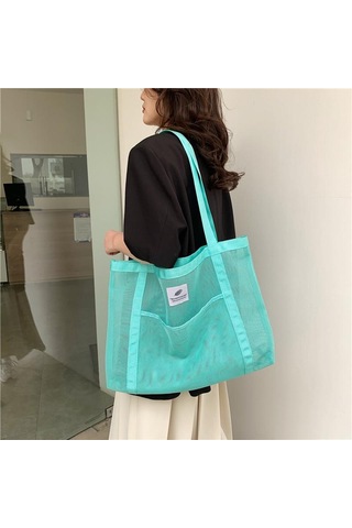 Gri Yogodlns Kadın Örgü Büyük Kapasiteli Hollow Out Plaj Omuzdan Askili Çanta Moda Naylon Düz Renk Alışveriş Çantası Gri