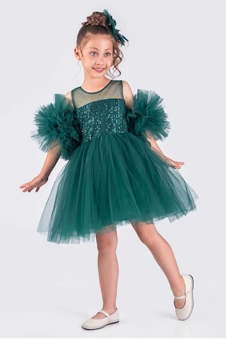 Kız Çocuk Abiye Elbise Ponpon Kol Pul Payetli Tütülü Yeşil