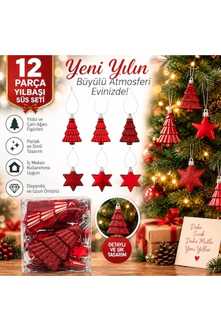 Kırmızı Yılbaşı Süs Seti 12 Parça Yıldız & Çam Ağacı Figürlü Simli Parlak Dekorasyon Süsü 3 CM