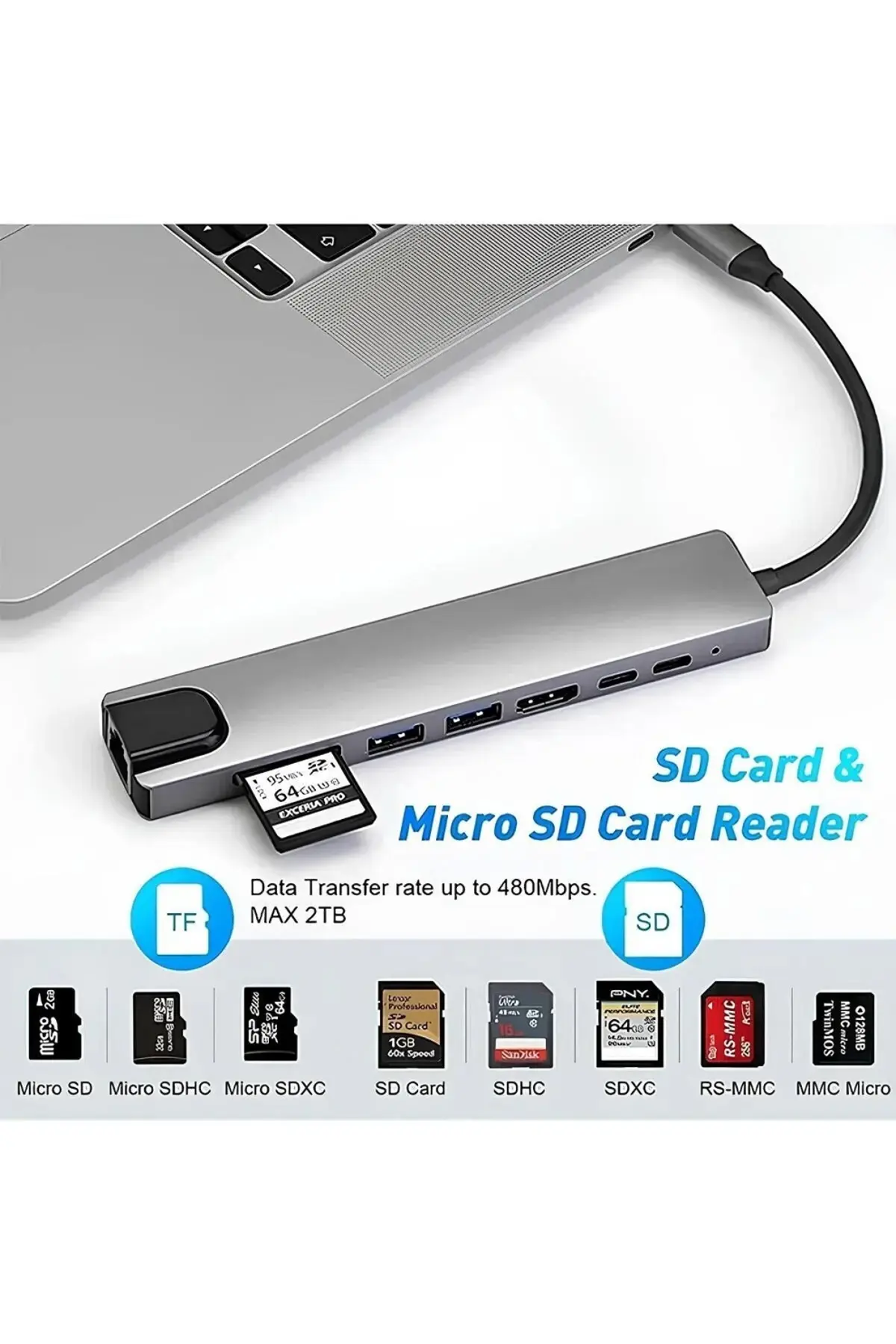 Yeni Nesil Ethernet Girişi Usb Çoklayıcı 8in1 Usb Typec Hub Port Hdmi Usb Adaptör Type-c Girişli Hub