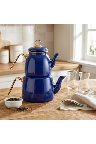 İçten Kaplamalı Emaye Çaydanlık Takımı - Gold Detaylı Nostaljik Alt Üst Çay Seti 1.2 Litre + 2 Litre - 3 Renk Seçeneği Mavi