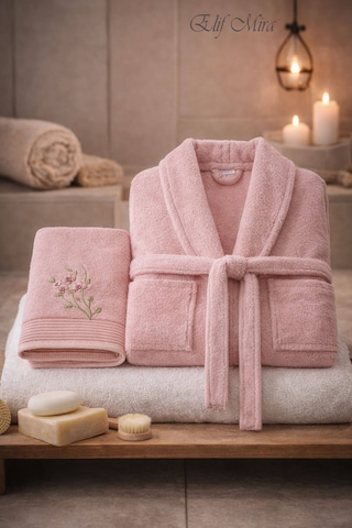Tek Kişilik Banyo Havlulu Bornoz Seti Pamuklu Bukle Şalyaka Nuvia Pembe